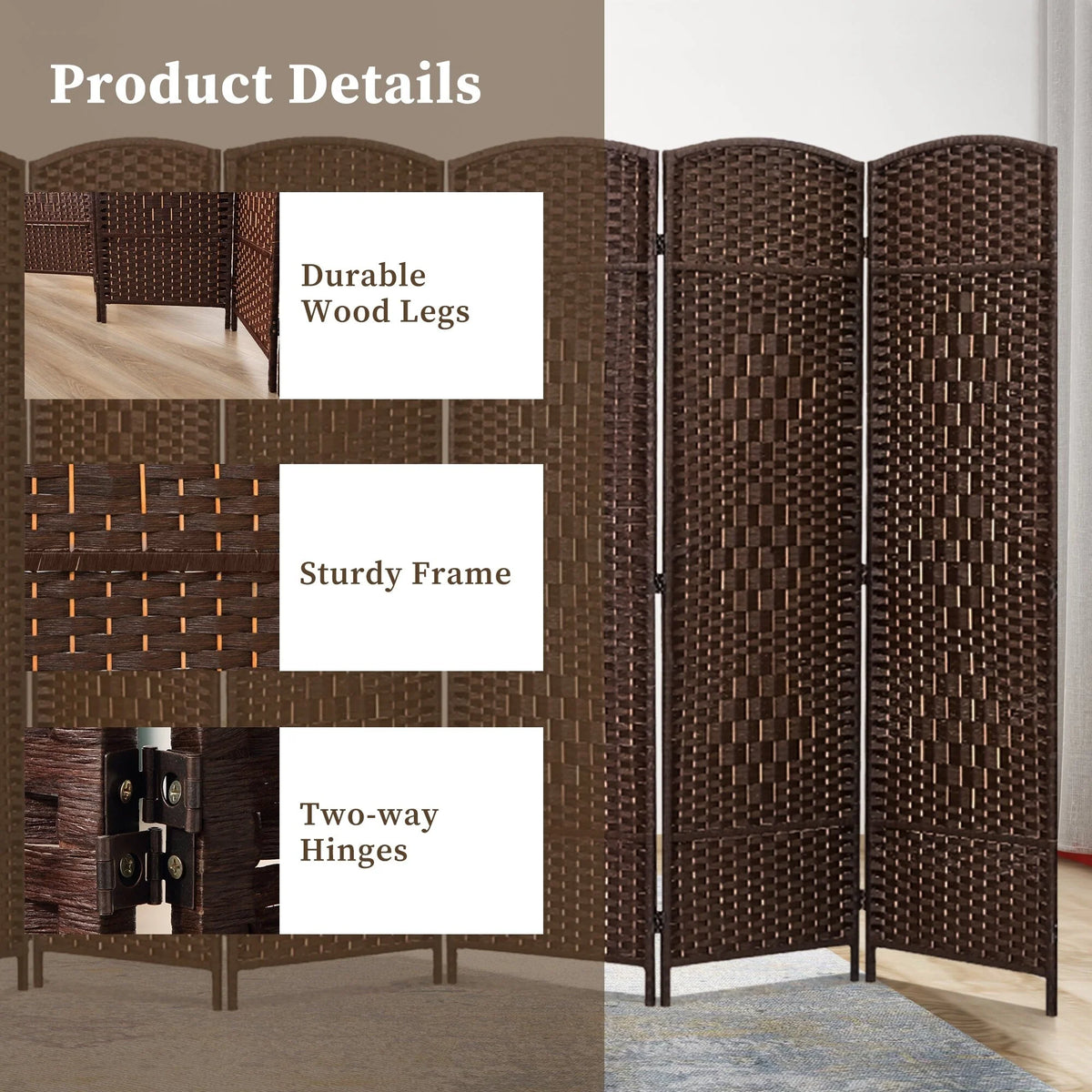 6 FT Tall Woven Fiber Room Divider, Freestanding Folding Privacy Screen