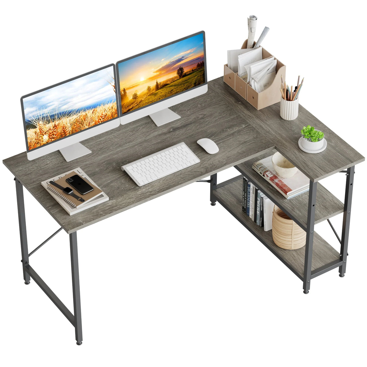 Small L Shaped Computer Desk with Storage Shelves, Compact Corner Workstation for Home Office and Study