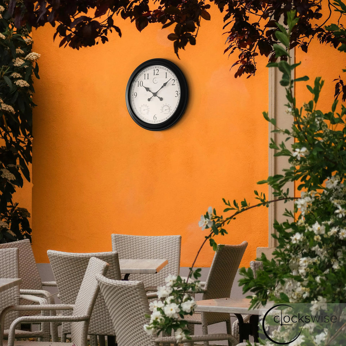 Large Outdoor Wall Clock with Thermometer, Waterproof Silent Garden Weather Station, Black