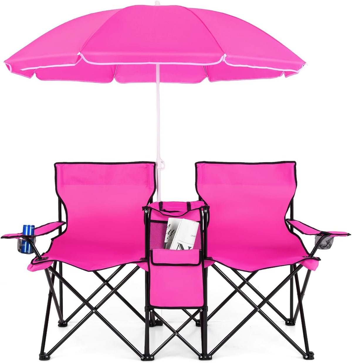 Double Folding Picnic Chairs with Umbrella �� Mini Table & Beverage Holder Included