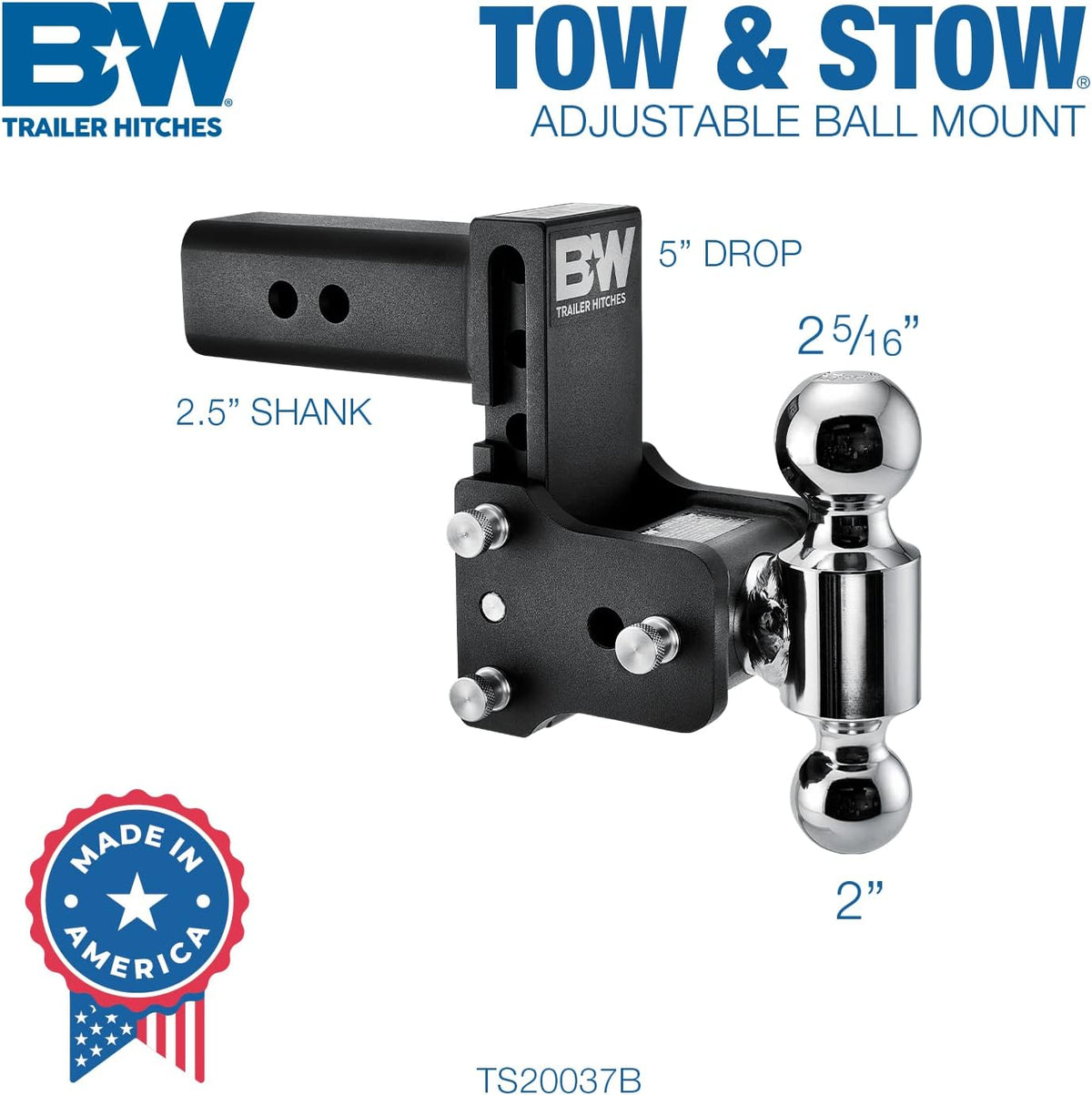 Adjustable Trailer Hitch Ball Mount, Tow and Stow Towing Hitch with Adjustable Height