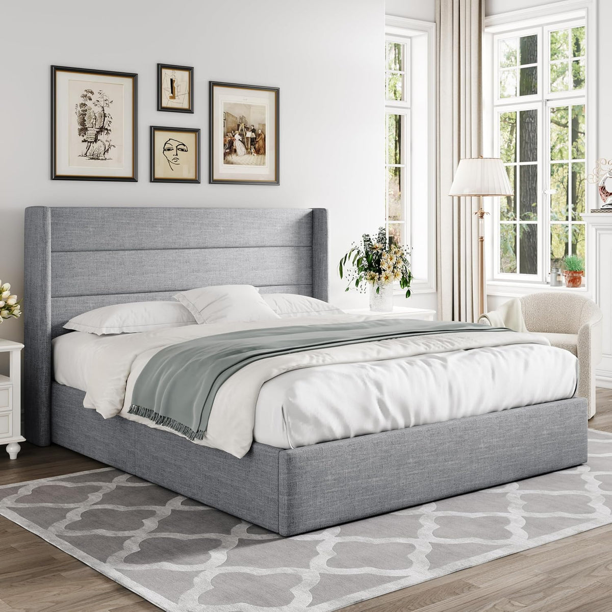 Queen Size Lift Up Storage Bed with Wingback Headboard, Upholstered Platform Bed Frame with Hidden Storage