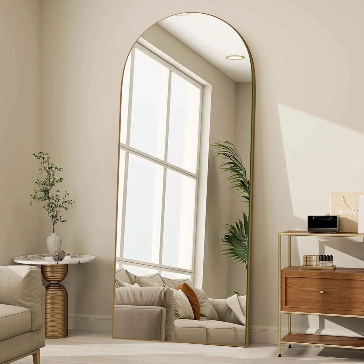 Arched Full Length Wood Floor Mirror, Full Body Standing and Wall Mounted Mirror for Bedroom, Living Room and Home Decor