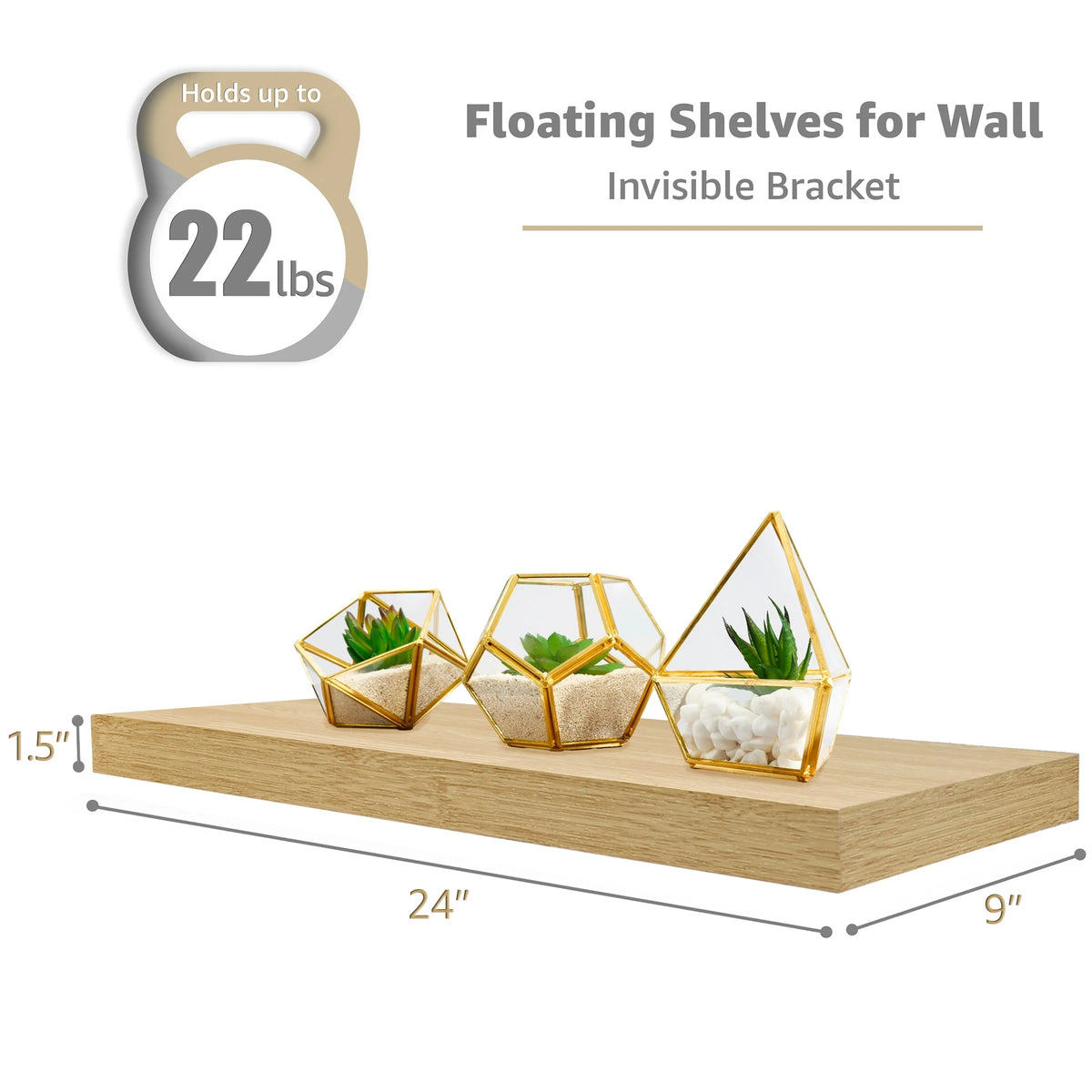 Set of 3 Floating Wood Wall Shelves, Wall Mounted Display and Storage Shelves with Invisible Brackets for Books and Home Decor