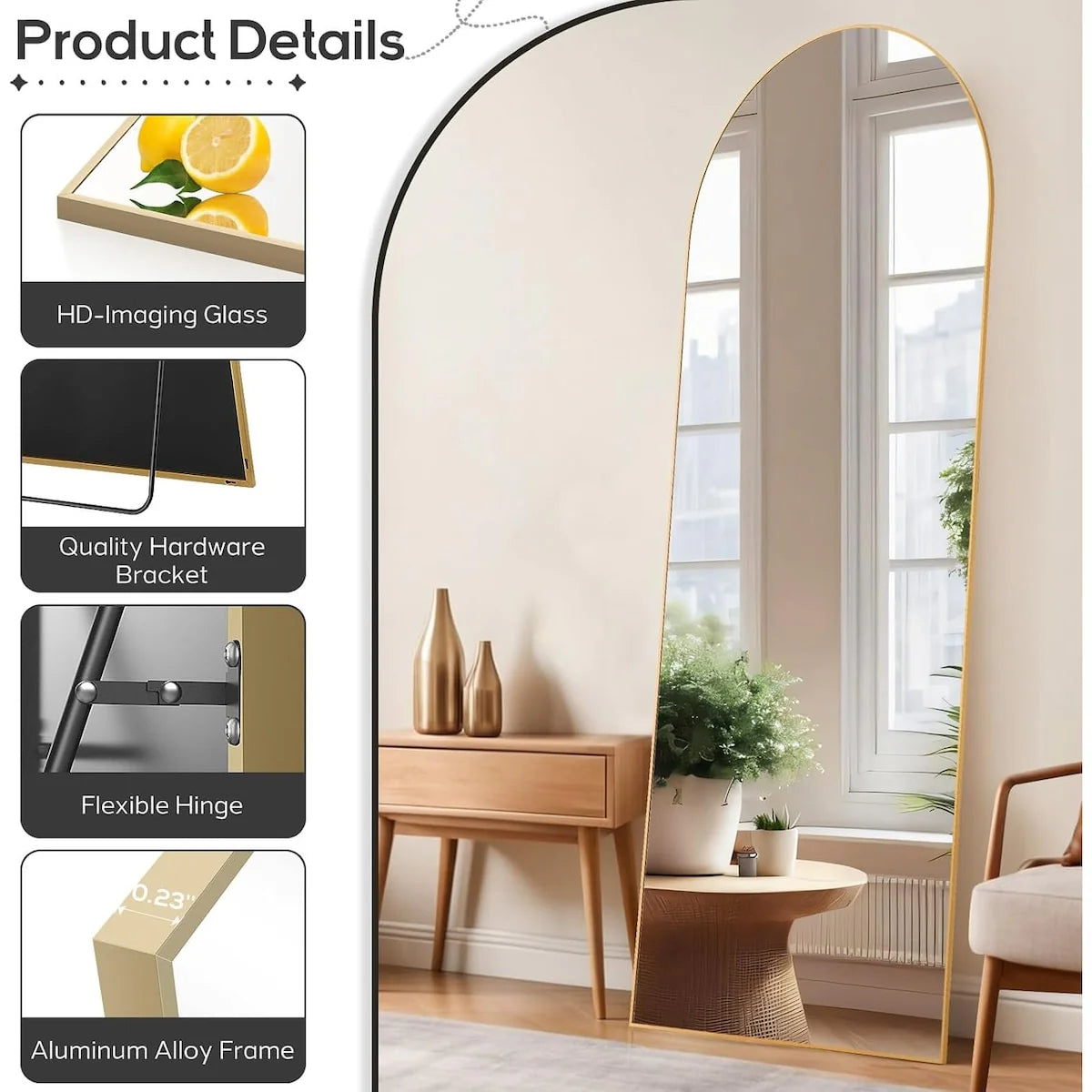 21x64 Arched Full-Length Mirror �� Shatter-Proof Glass with Aluminum Alloy Stand
