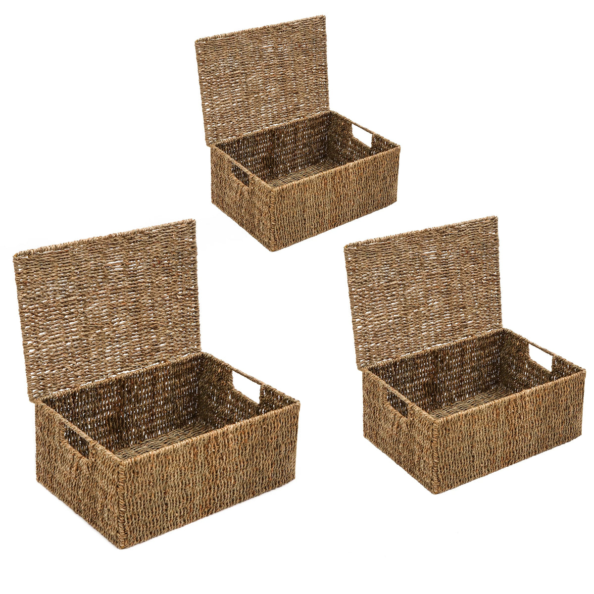 Set of 3 Small Rectangular Seagrass Baskets with Lids, Woven Storage Baskets