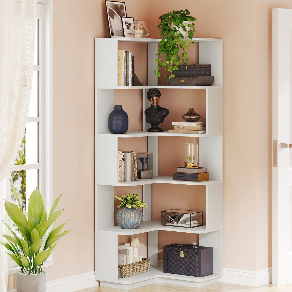 64.9 Inch Tall 6-Tier Corner Bookshelf, Freestanding Wood Industrial Bookcase
