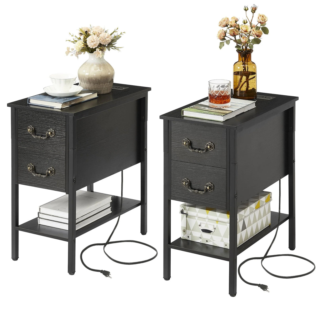 Narrow End Table with Charging Station, Chairside Table with Drawers, USB Ports and Power Outlets
