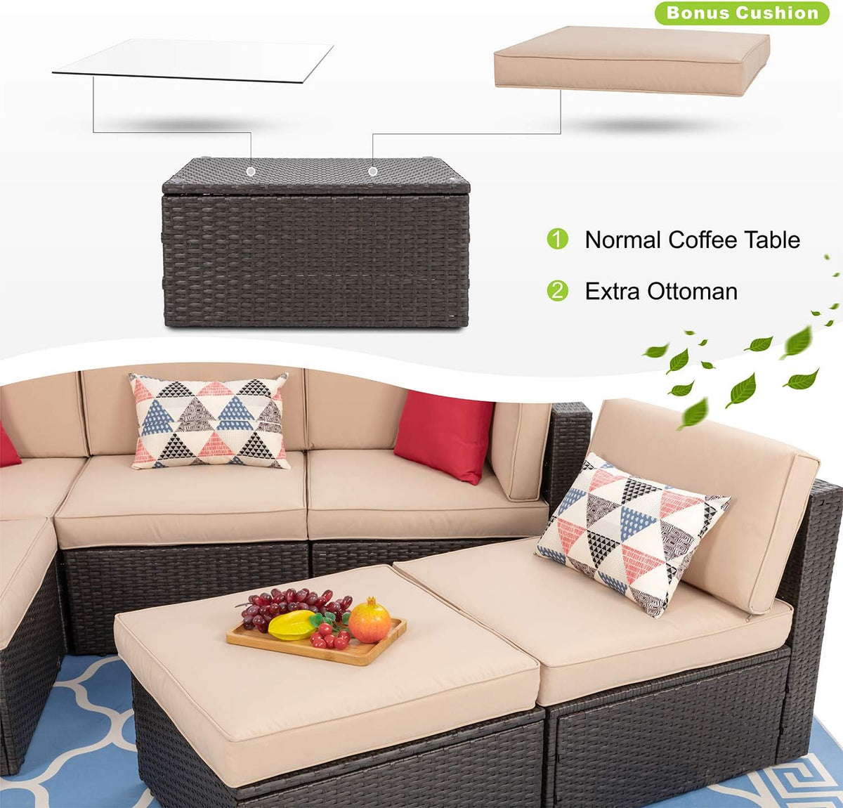 5-Piece All-Weather Patio Furniture Set with Ottoman, Outdoor Wicker Conversation Sofa Set with Cushions for Garden, Deck & Backyard
