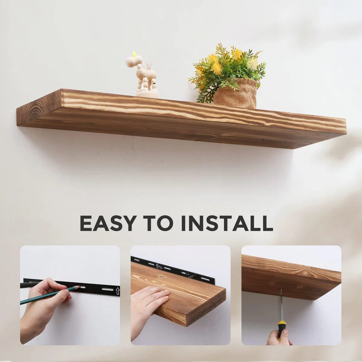 Set of 2 Handcrafted European Pine Floating Wall Shelves, Natural Rustic Wood