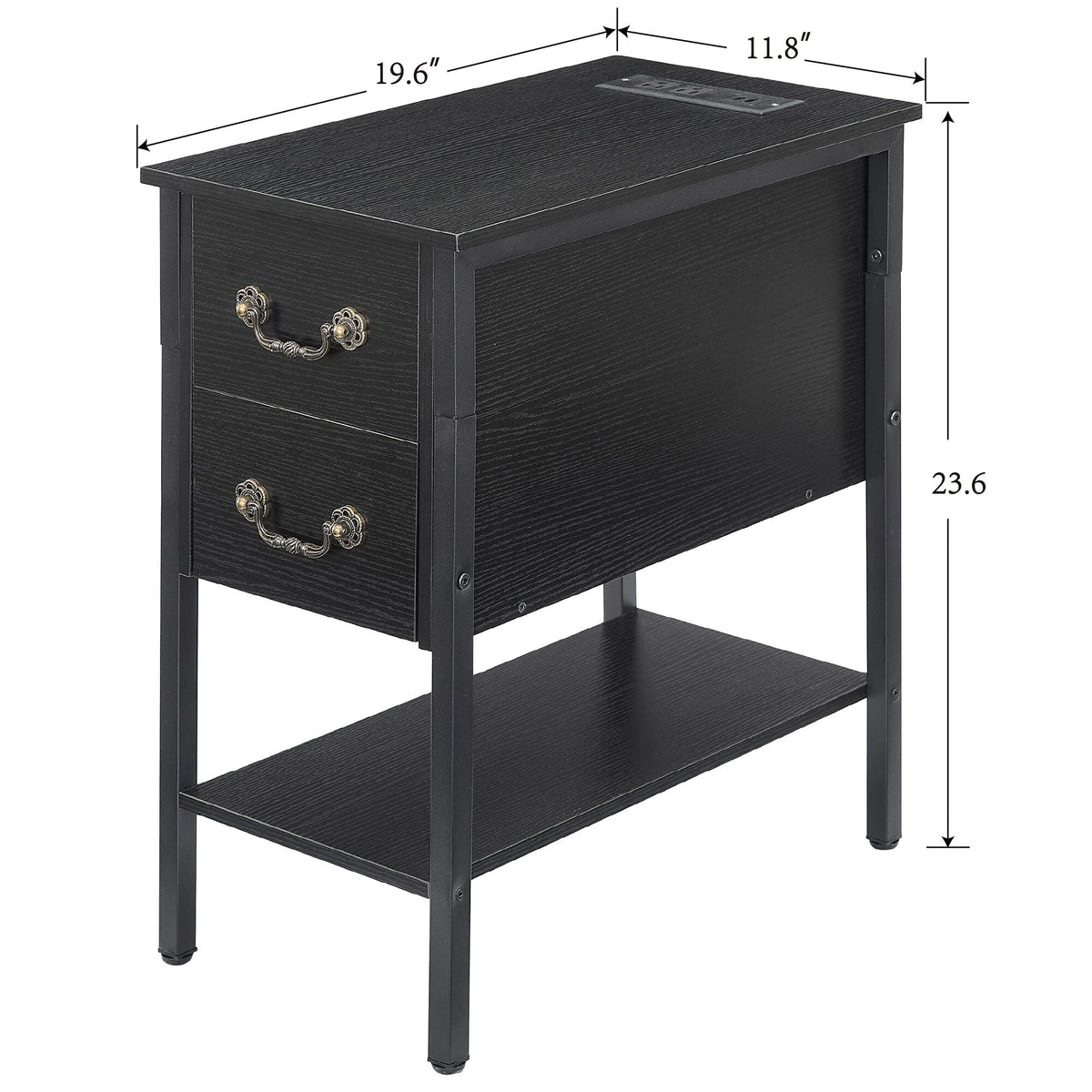 Narrow End Table with Charging Station, Chairside Table with Drawers, USB Ports and Power Outlets