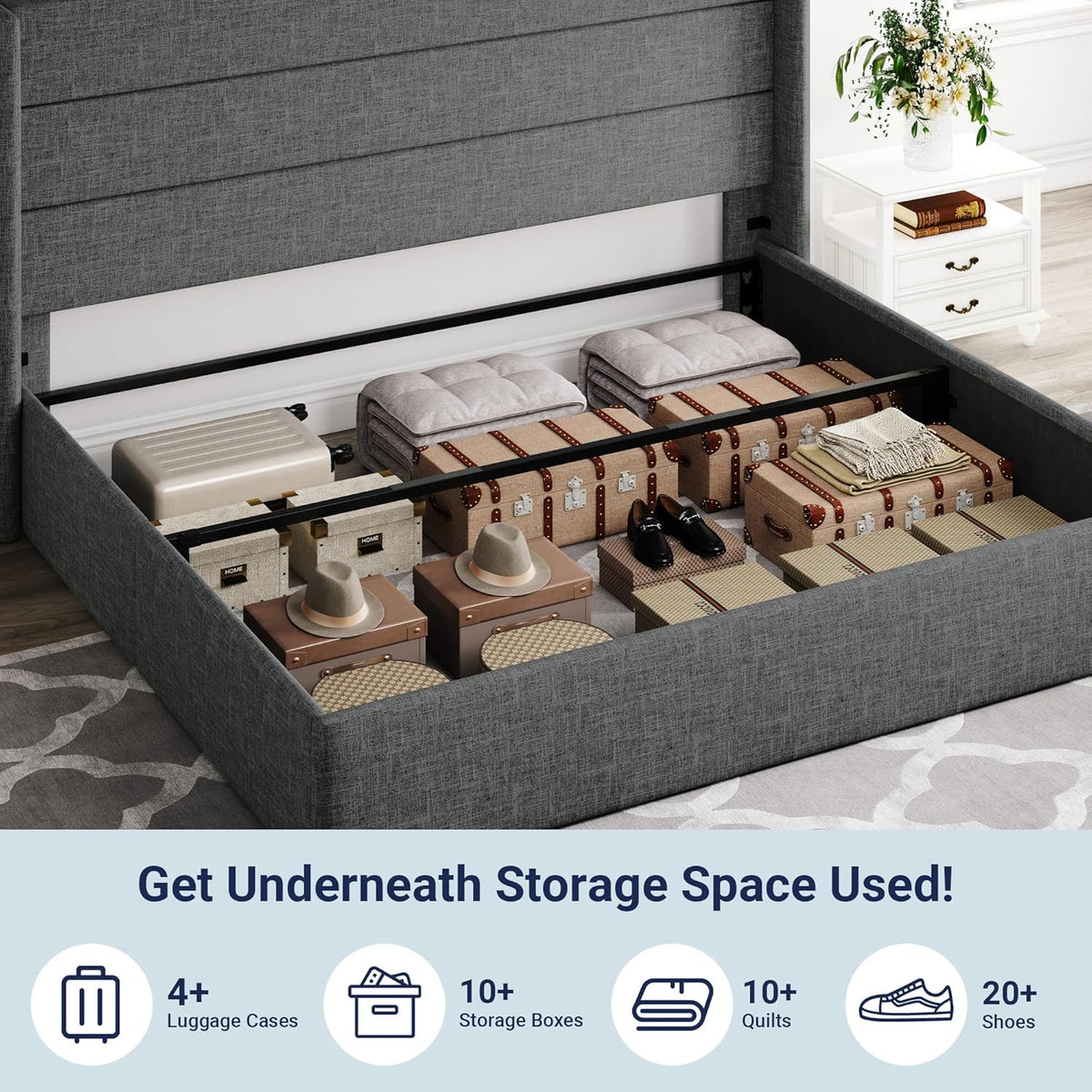 Queen Size Lift Up Storage Bed with Wingback Headboard, Upholstered Platform Bed Frame with Hidden Storage
