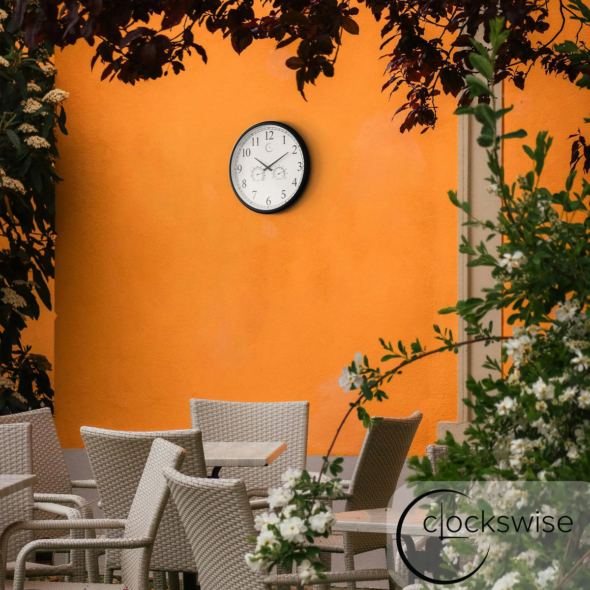 Large Outdoor Wall Clock with Thermometer, Waterproof Silent Garden Weather Station, Black
