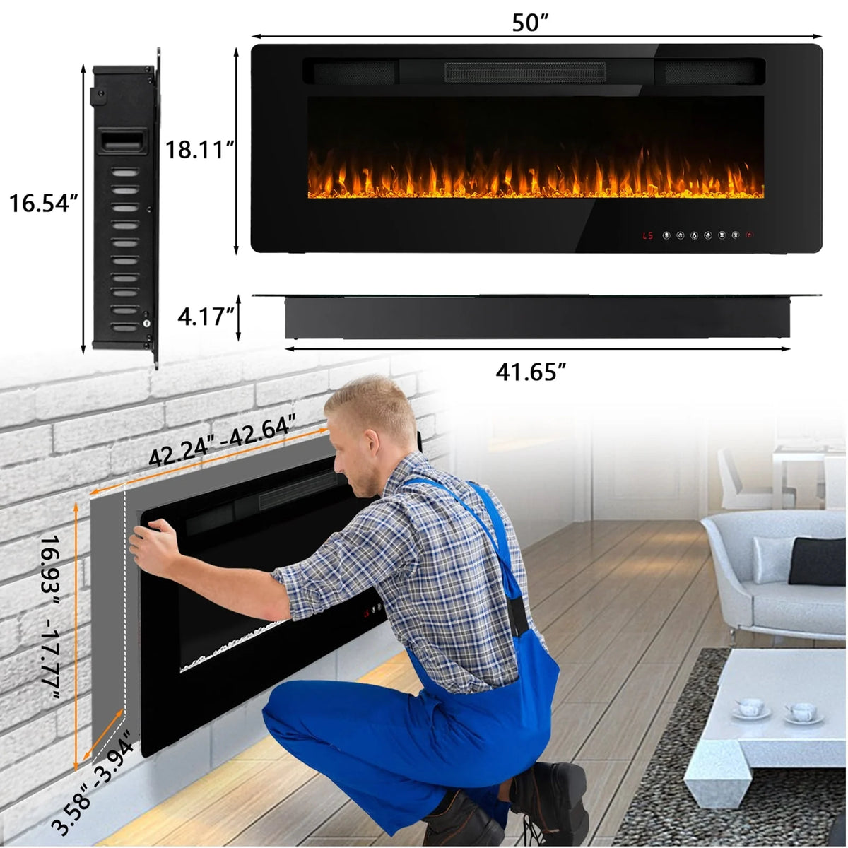 30-72 Inch Ultra-Thin Electric Fireplace, Linear Recessed Wall Mounted Fireplace with Remote Control
