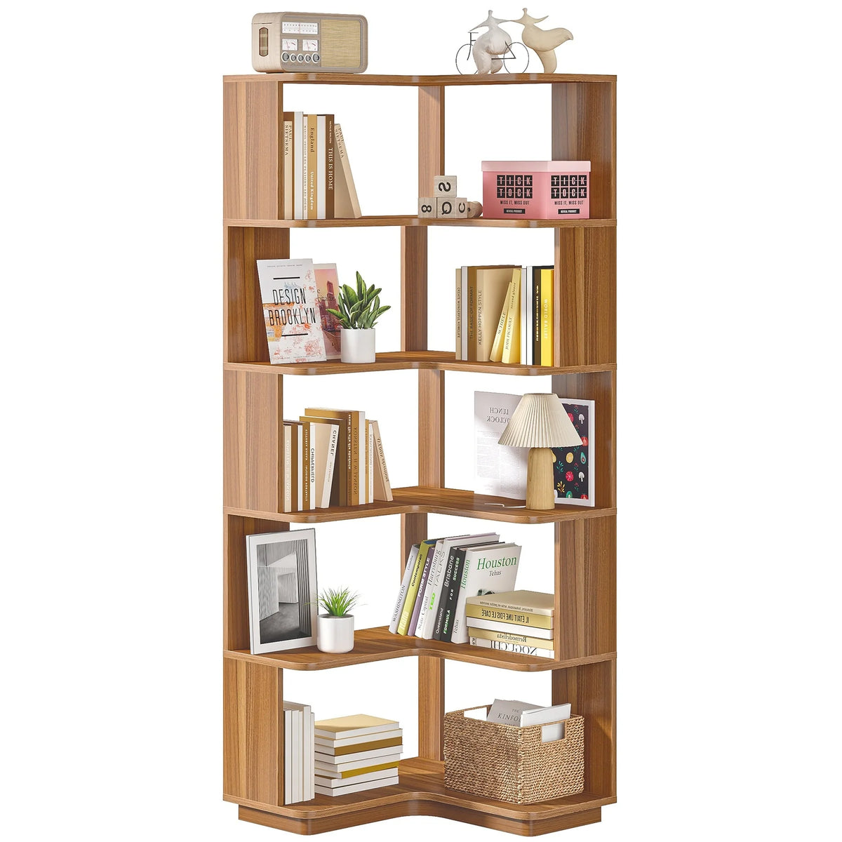 64.9 Inch Tall 6-Tier Corner Bookshelf, Freestanding Wood Industrial Bookcase