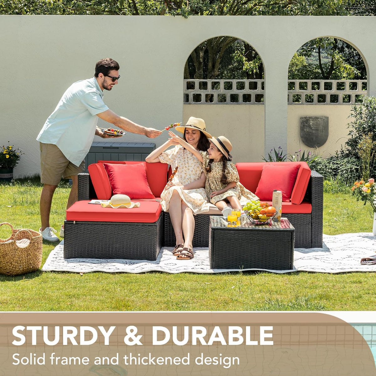 5-Piece All-Weather Patio Furniture Set with Cushions, Outdoor Wicker Conversation Sofa Set for Garden, Deck & Backyard