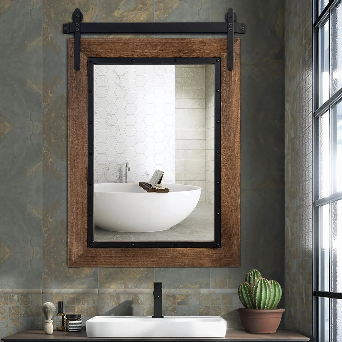 Farmhouse Barn Door Style Bathroom Vanity Mirror, Natural Wood Wall Mirror for Bathroom, Bedroom and Entryway