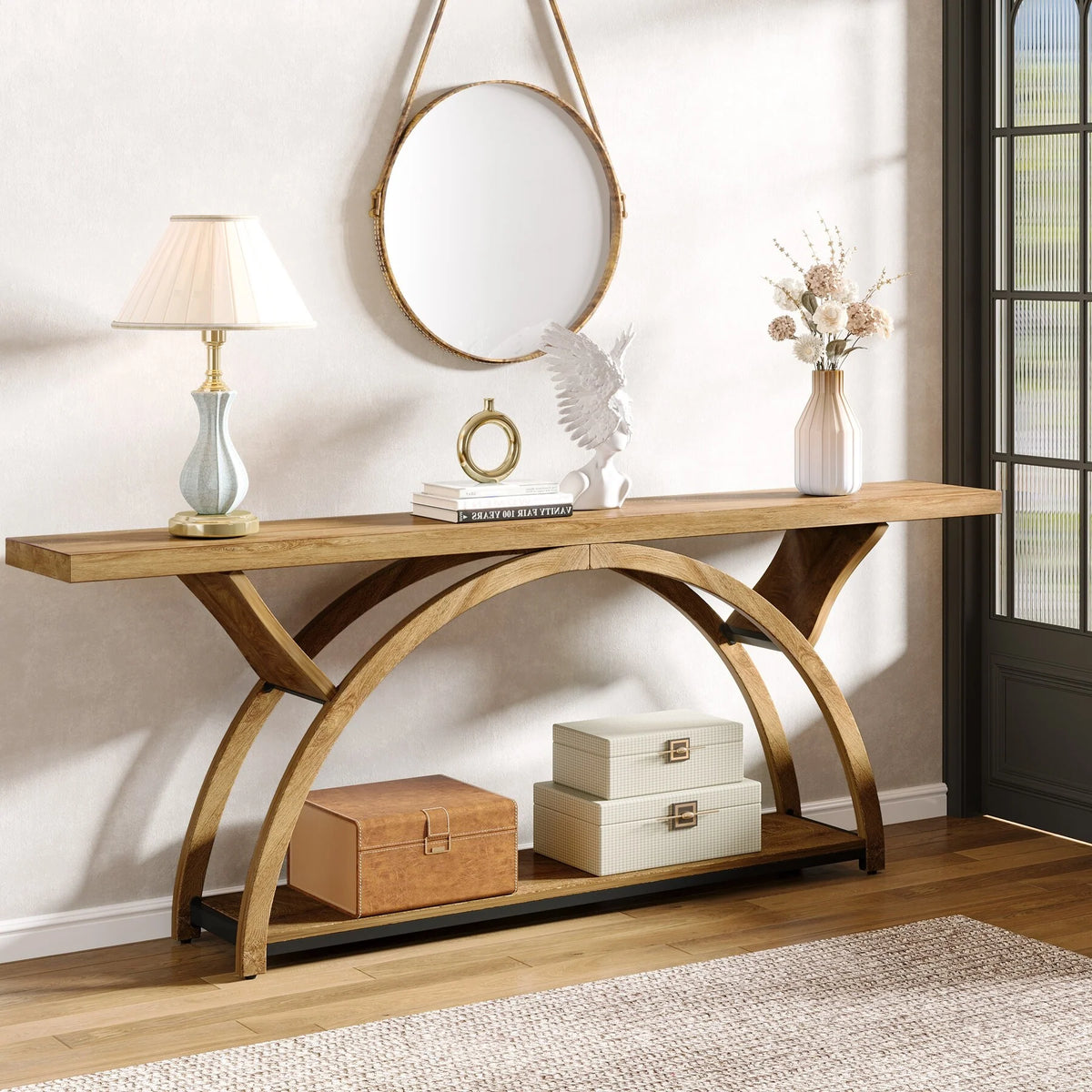 Gray 2-Tier Slim Console Sofa Table, Semi-Circular Metal Frame for Hallway