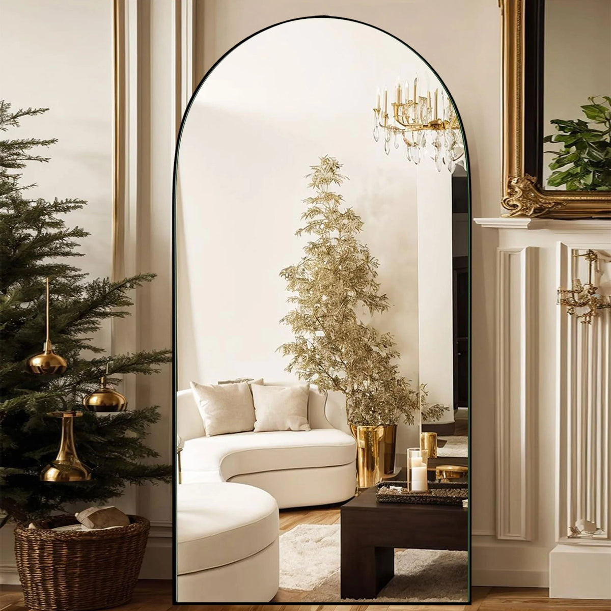 Arched Full Length Wood Floor Mirror, Full Body Standing and Wall Mounted Mirror for Bedroom, Living Room and Home Decor