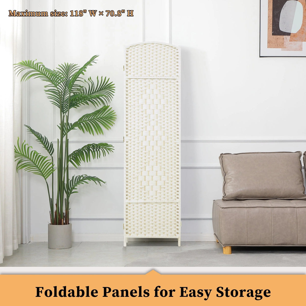 6 FT Tall Woven Fiber Room Divider, Freestanding Folding Privacy Screen