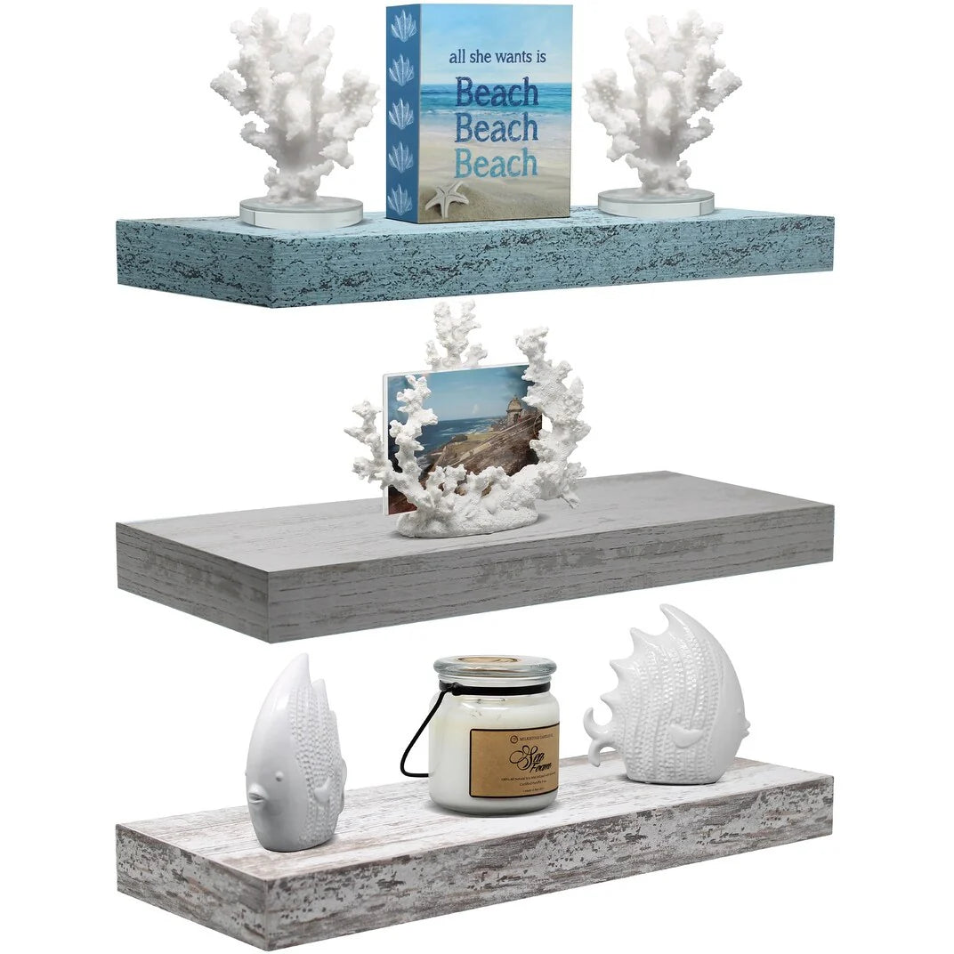 3-Pack Rustic Wood Floating Wall Shelves, Beach Style Hanging Display and Storage Shelves