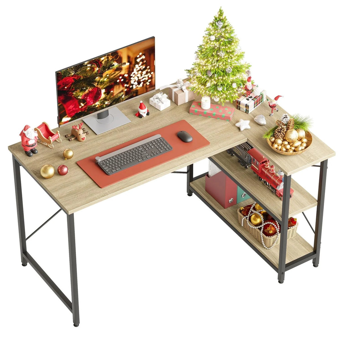 Small L Shaped Computer Desk with Storage Shelves, Compact Corner Workstation for Home Office and Study