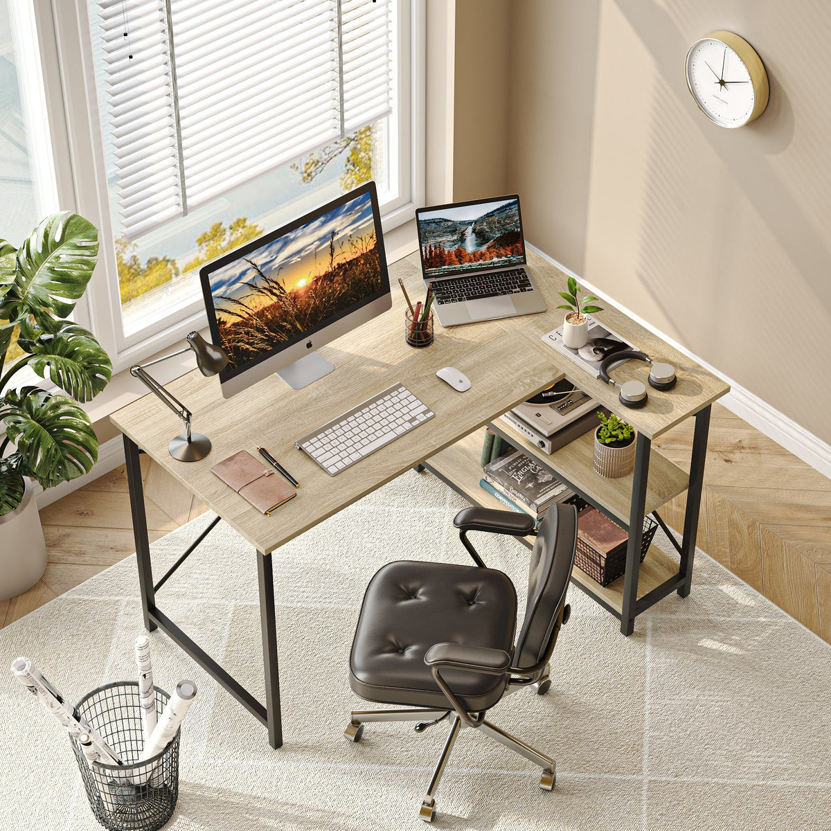 Small L Shaped Computer Desk with Storage Shelves, Compact Corner Workstation for Home Office and Study