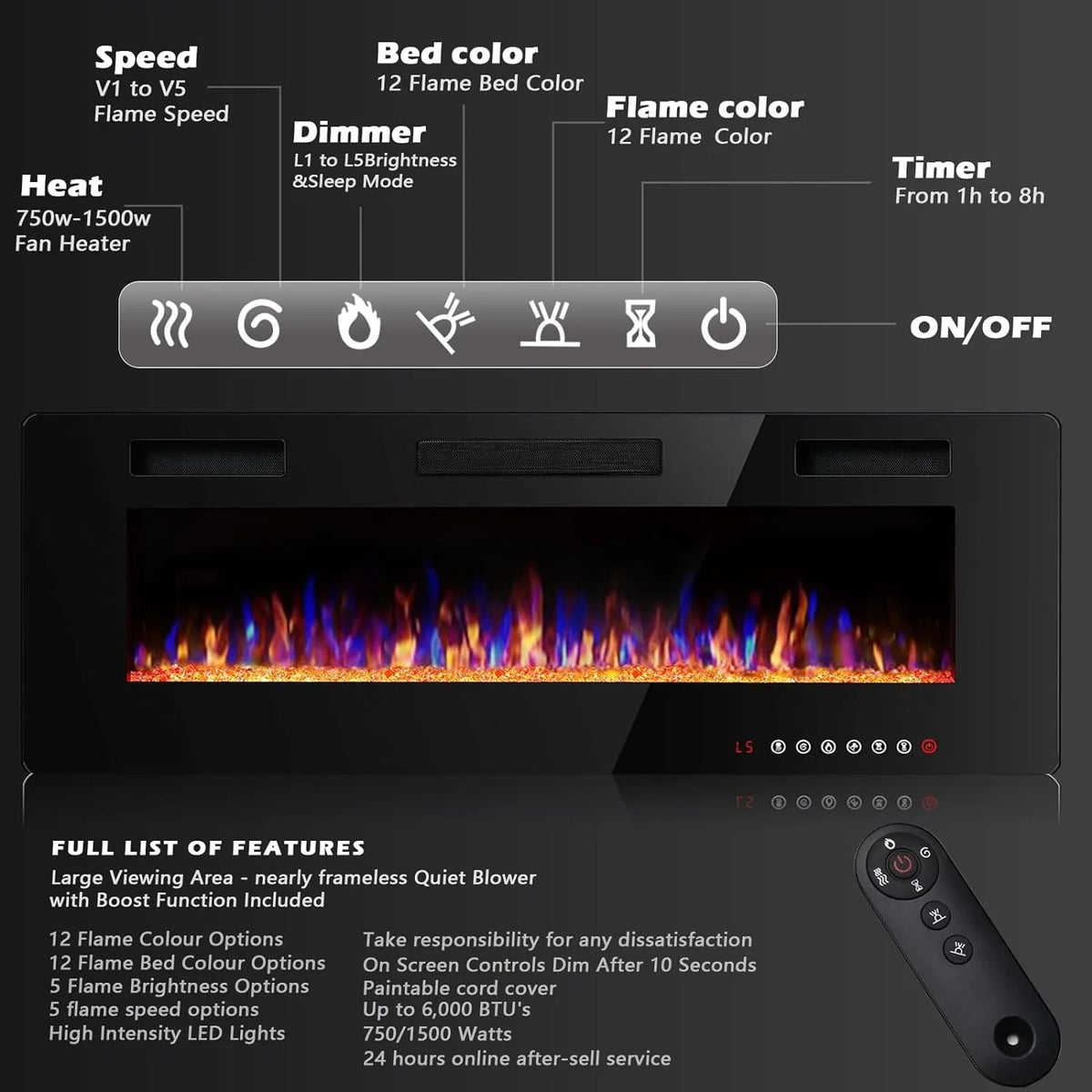 30-72 Inch Ultra-Thin Electric Fireplace, Linear Recessed Wall Mounted Fireplace with Remote Control