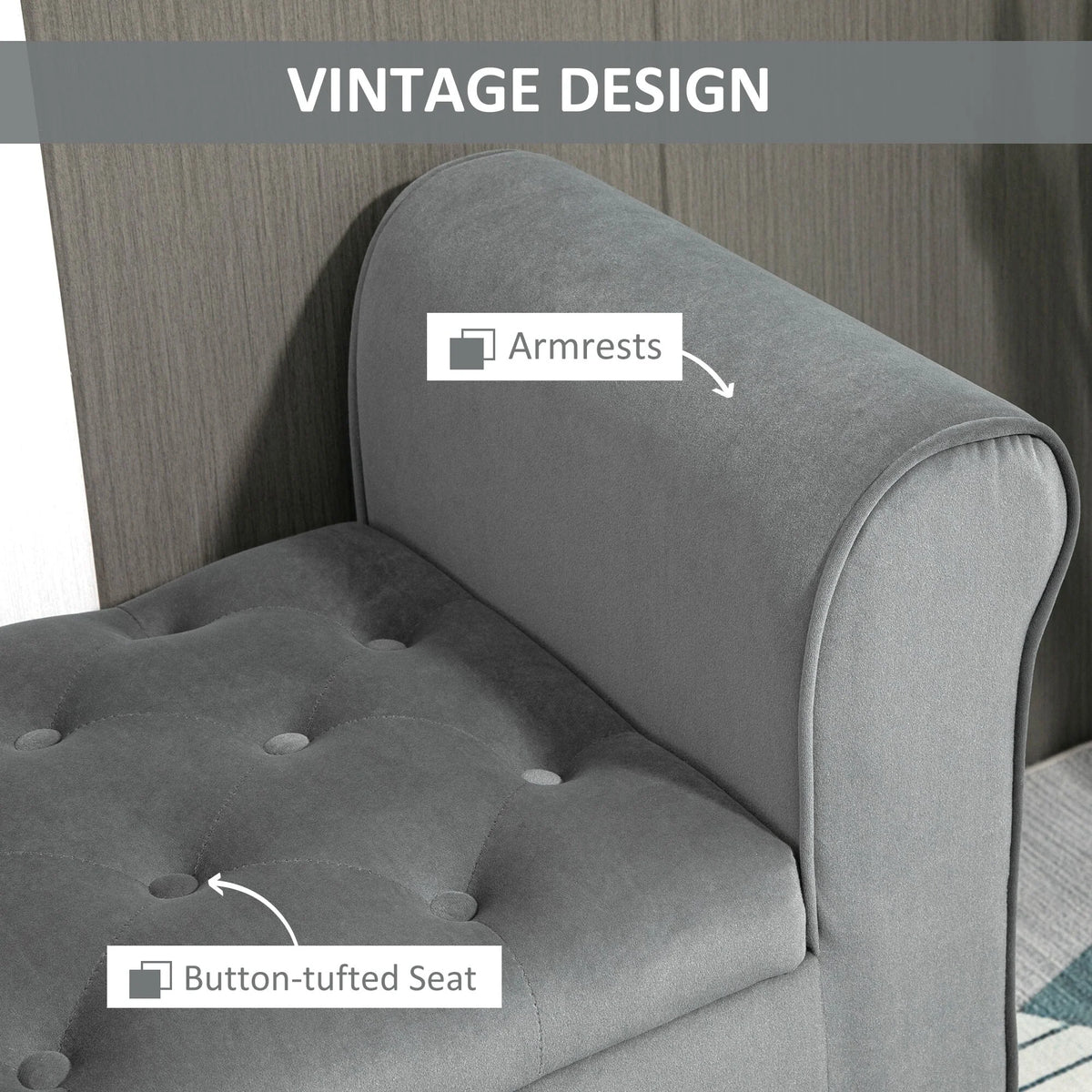 Button-Tufted Storage Ottoman Bench, Upholstered Bed Bench with Rolled Armrests for Bedroom, Living Room and Hallway