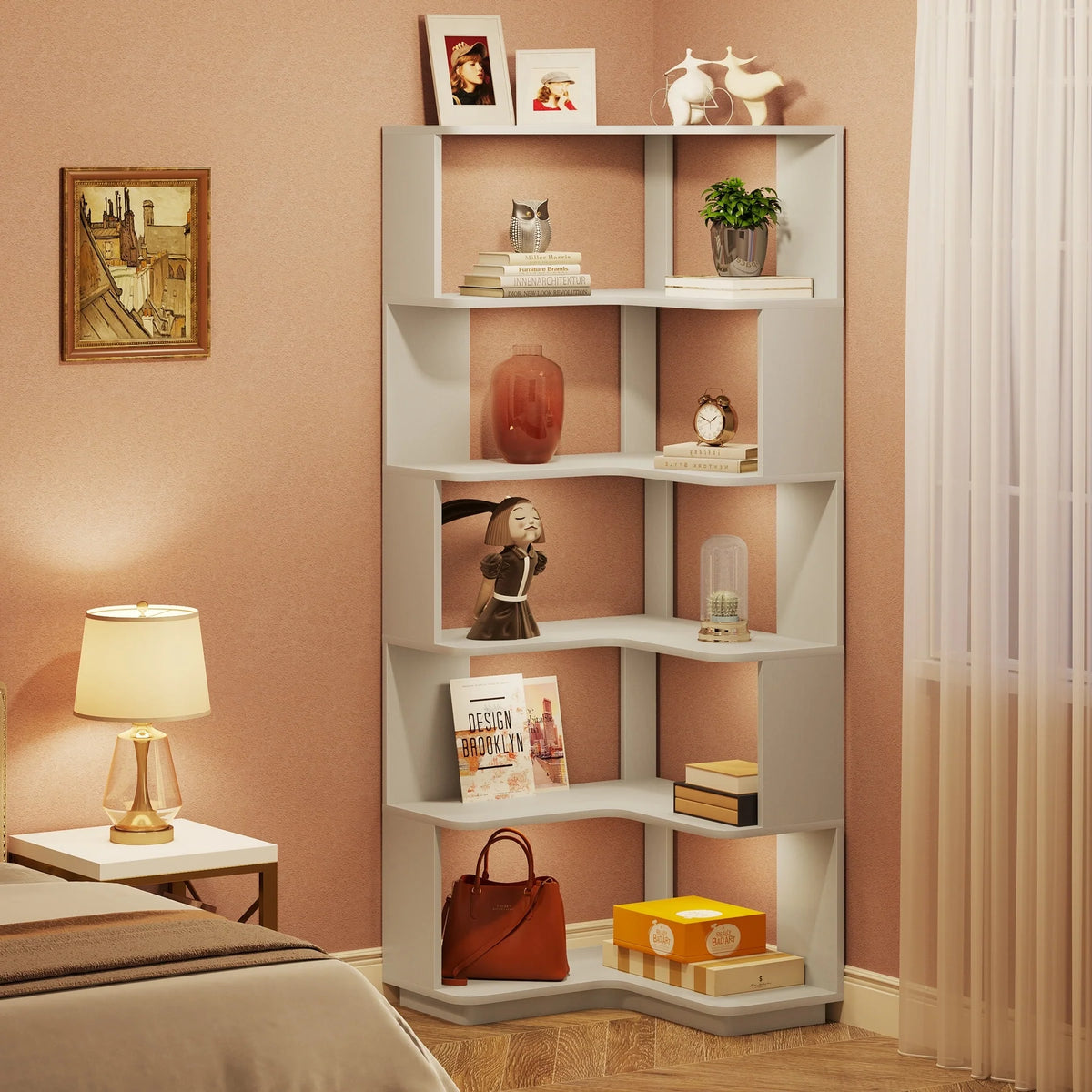 64.9 Inch Tall 6-Tier Corner Bookshelf, Freestanding Wood Industrial Bookcase