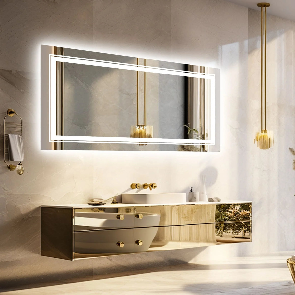 Extra Large LED Lighted Bathroom Mirror, Anti-Fog Wall Mounted Vanity Mirror with 3 Colors
