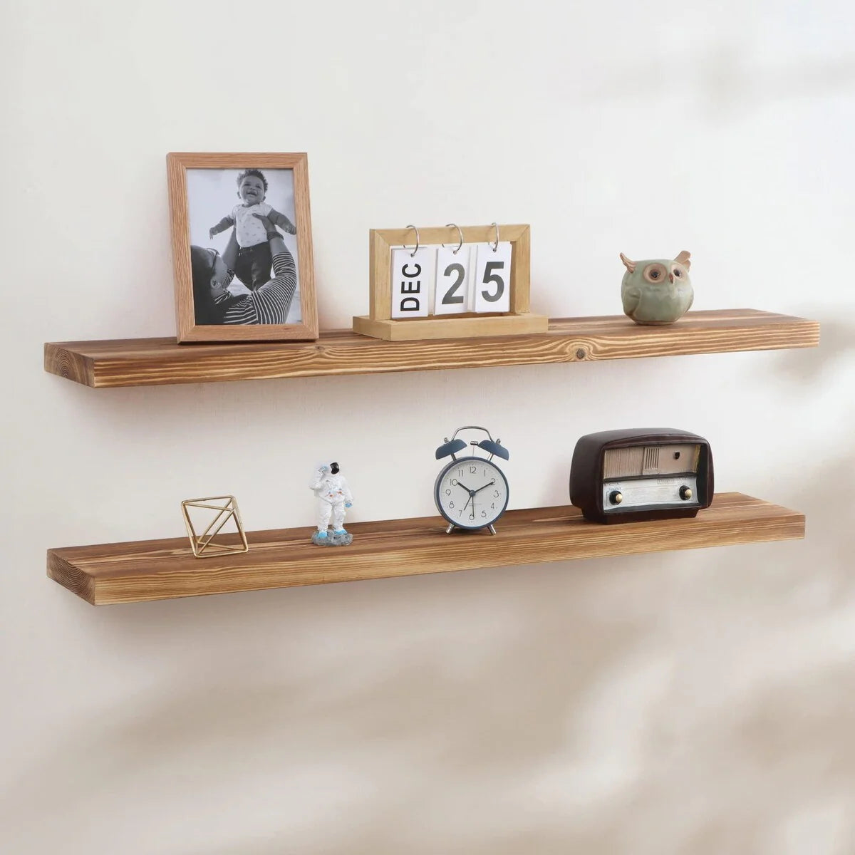Set of 2 Handcrafted European Pine Floating Wall Shelves, Natural Rustic Wood