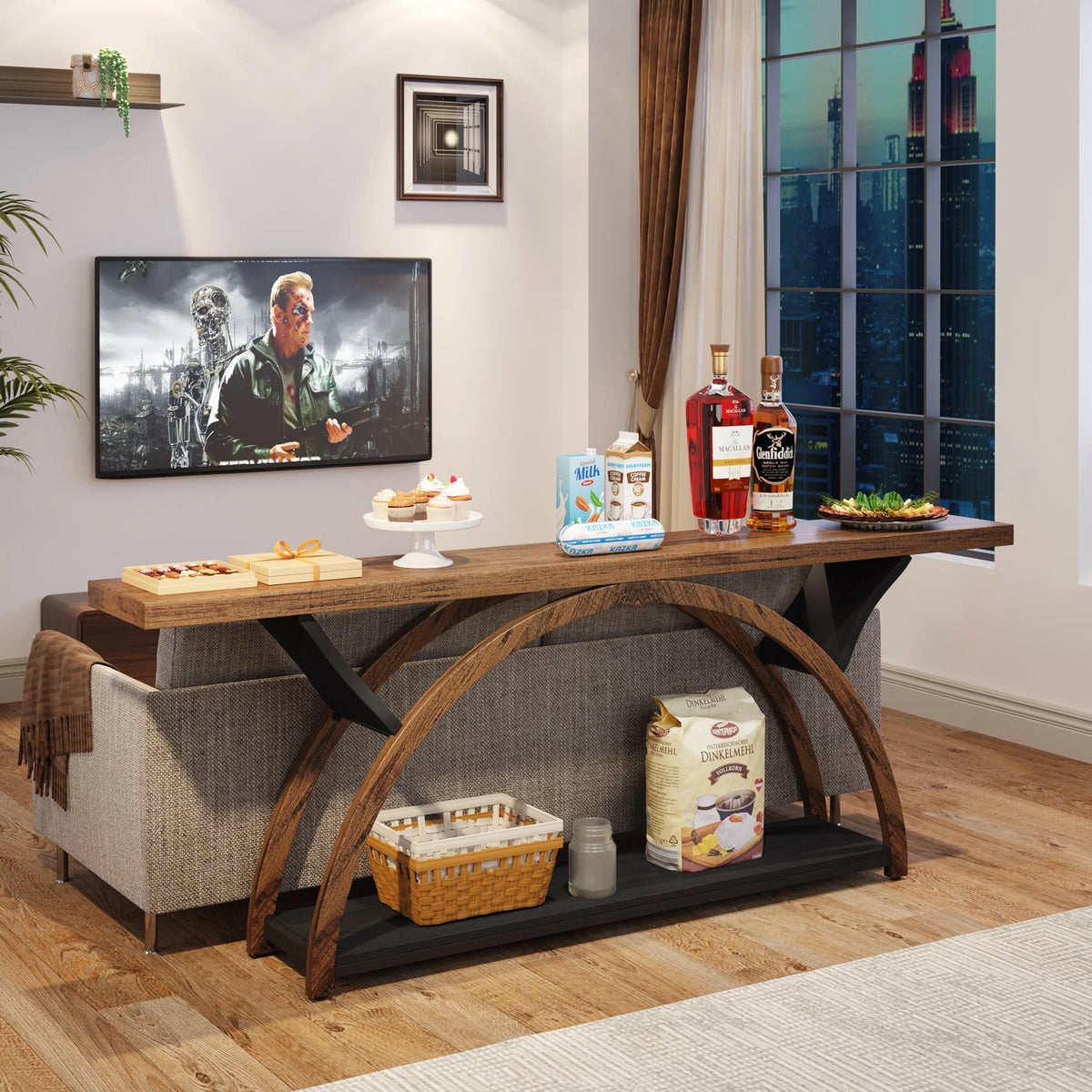 Gray 2-Tier Slim Console Sofa Table, Semi-Circular Metal Frame for Hallway