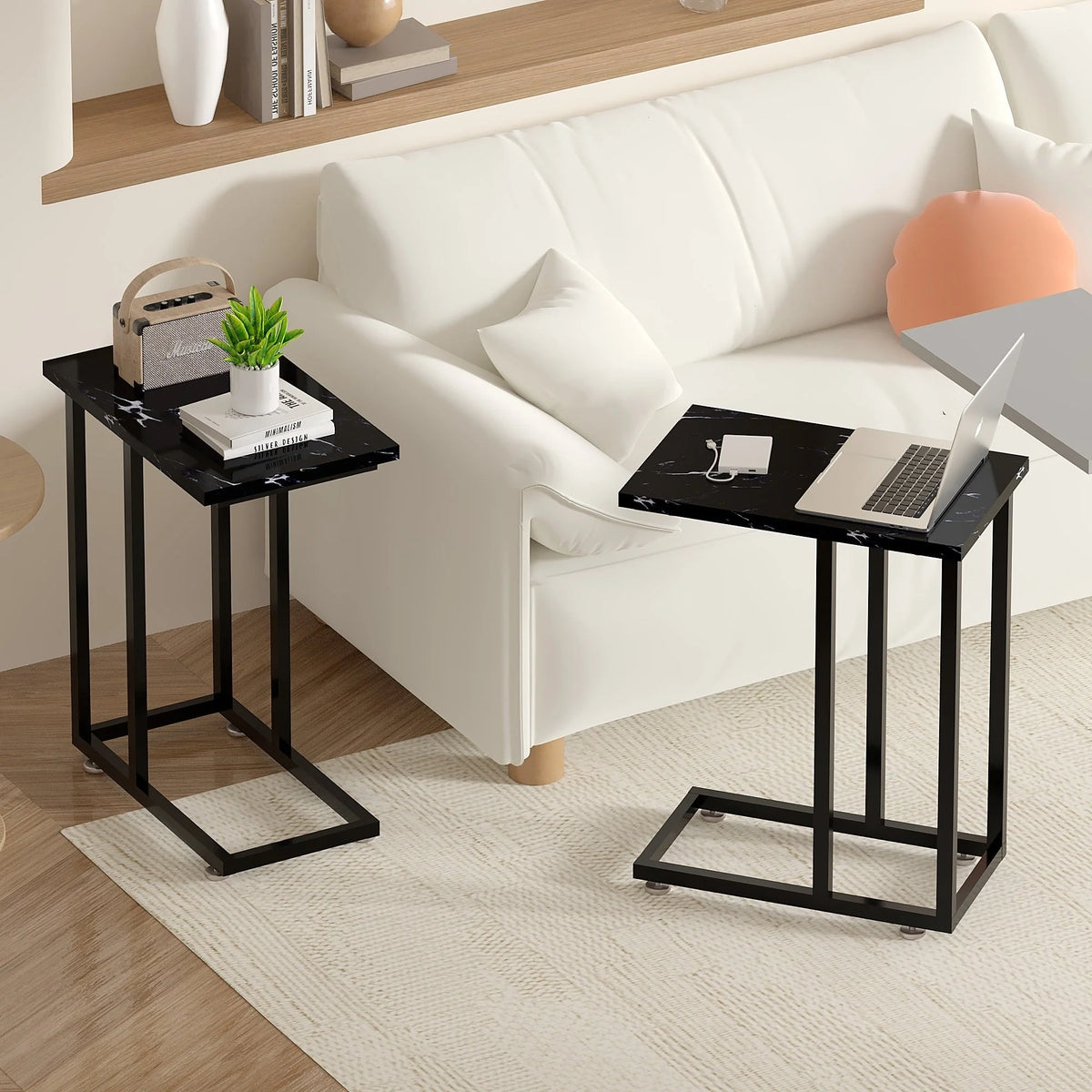 Set of 2 C-Shaped Sofa Side Tables, Small End Tables for Living Room, Bedside and TV Tray