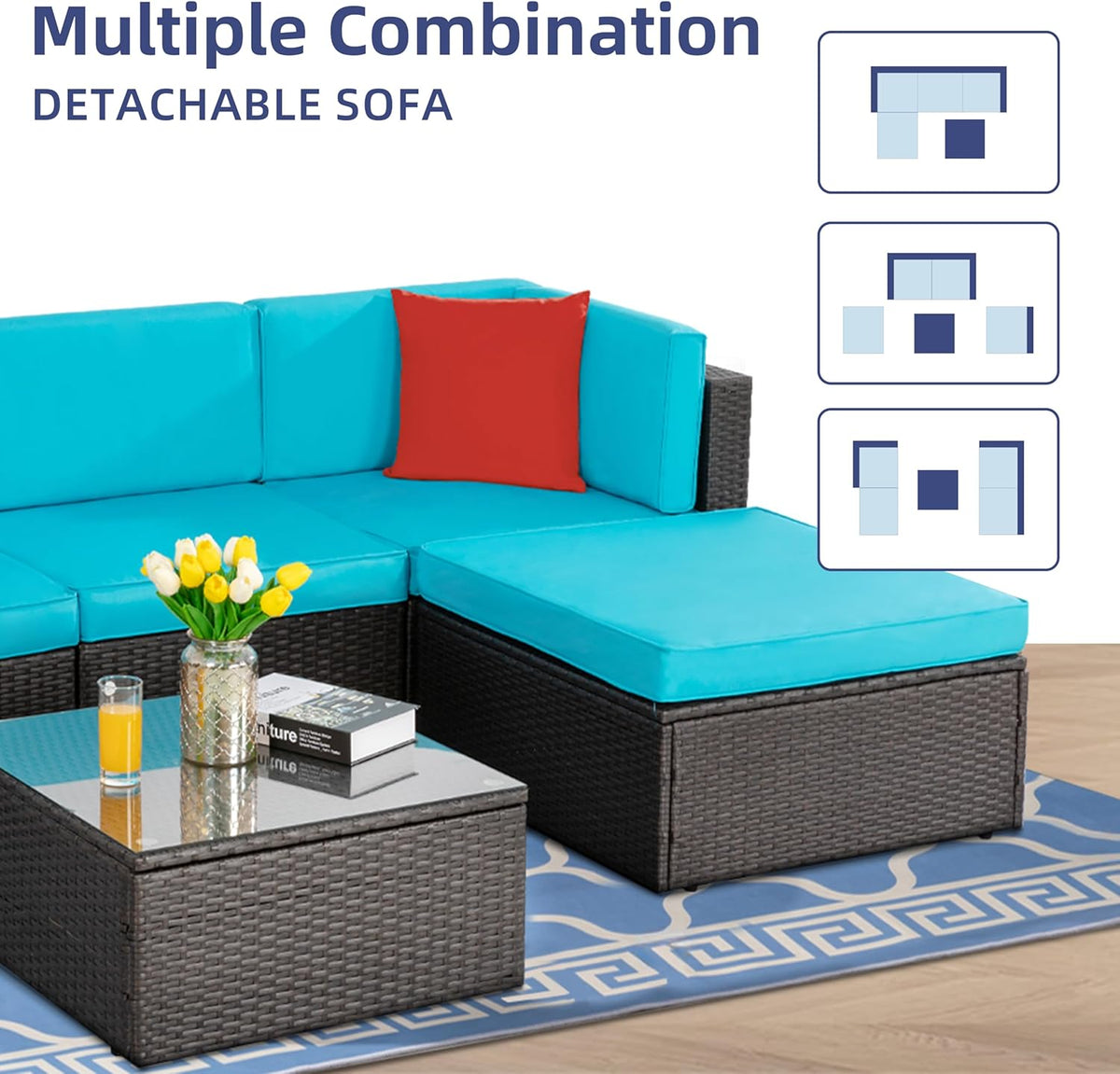 5-Piece All-Weather Patio Furniture Set with Ottoman, Outdoor Wicker Conversation Sofa Set with Cushions for Garden, Deck & Backyard
