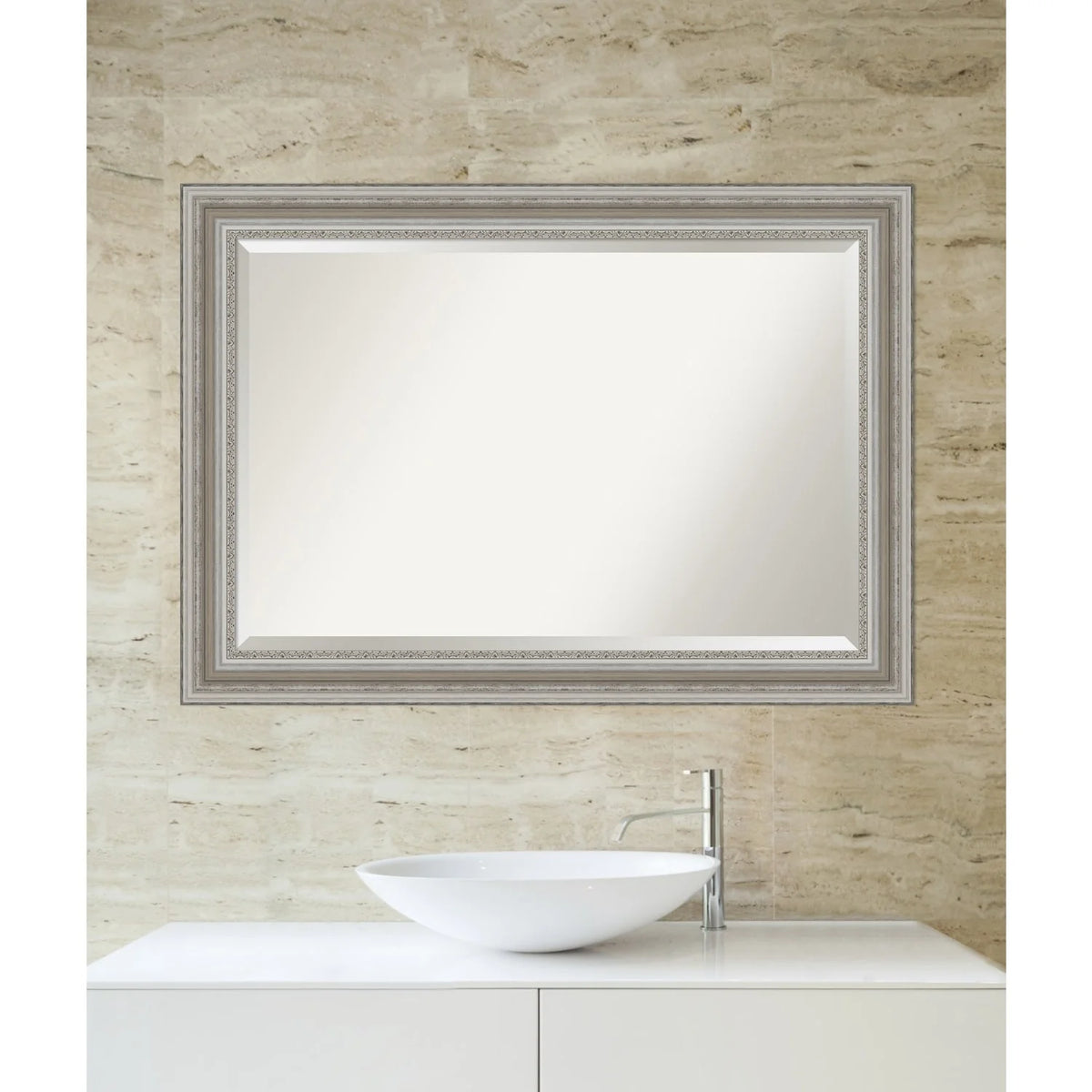 Beveled Bathroom Wall Mirror, Silver Frame Decorative Vanity Mirror for Bathroom, Bedroom and Entryway