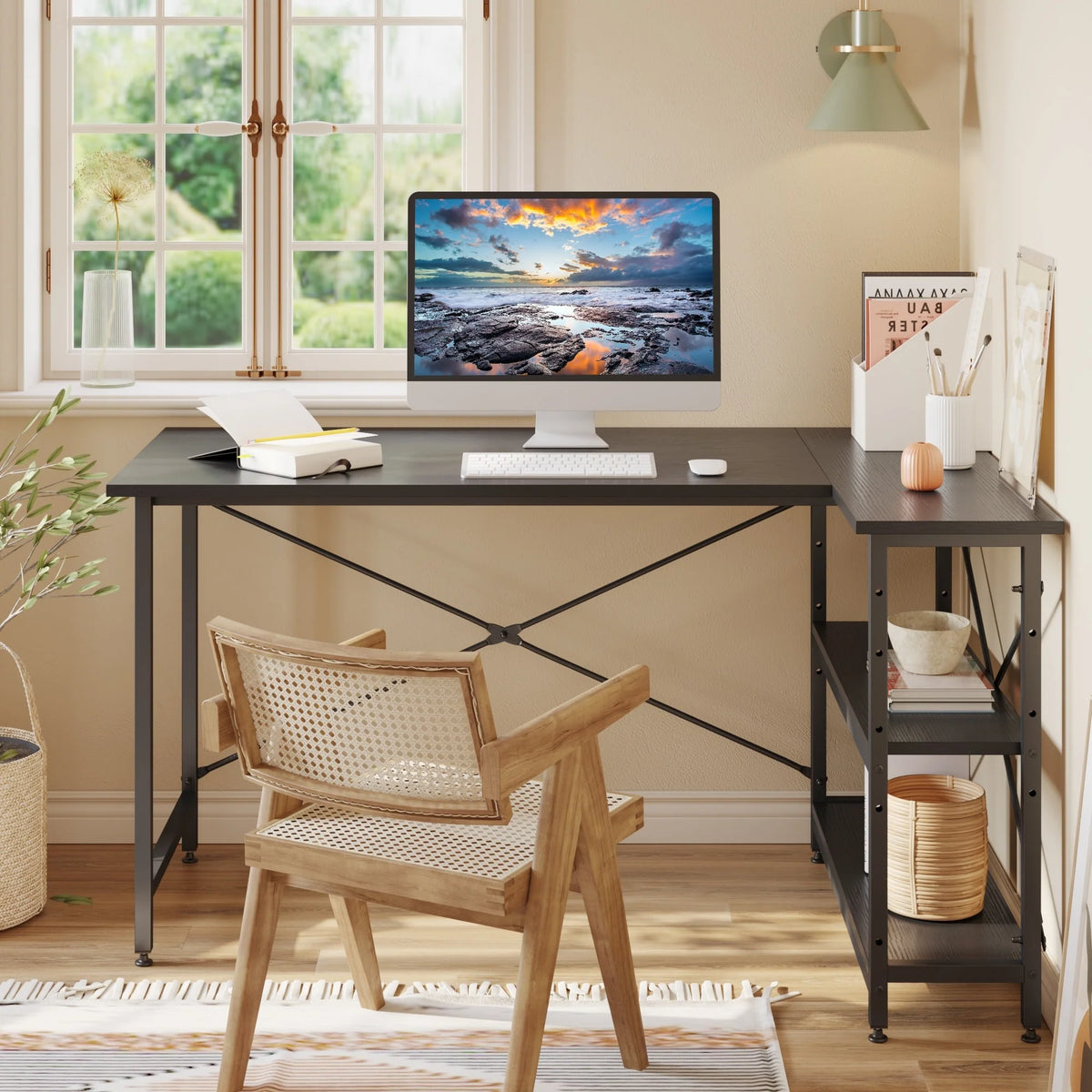 Small L Shaped Computer Desk with Storage Shelves, Compact Corner Workstation for Home Office and Study