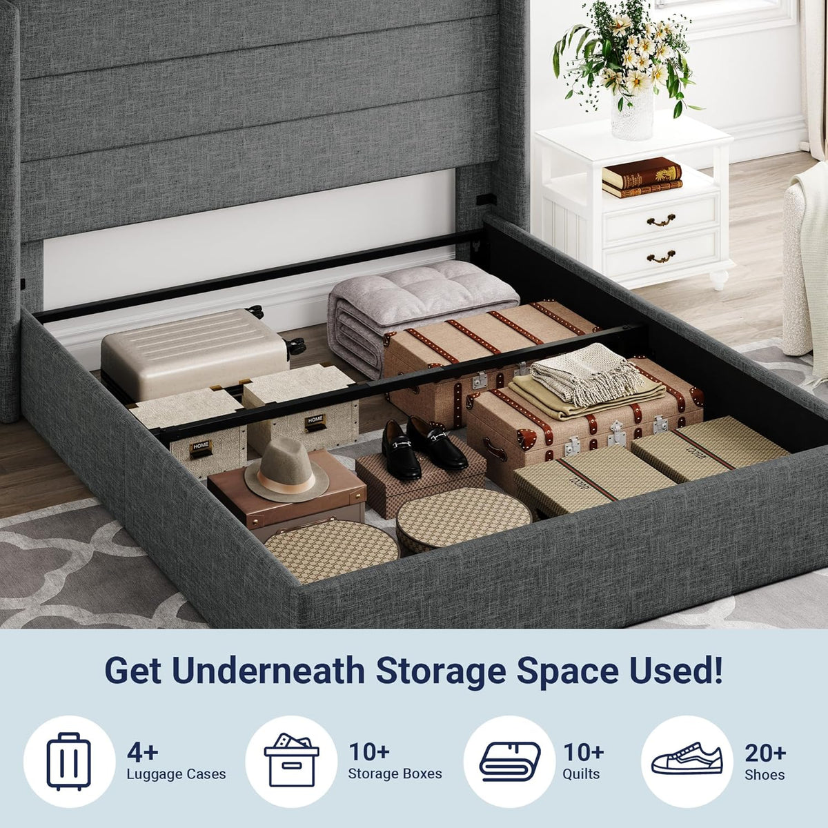 Queen Size Lift Up Storage Bed with Wingback Headboard, Upholstered Platform Bed Frame with Hidden Storage