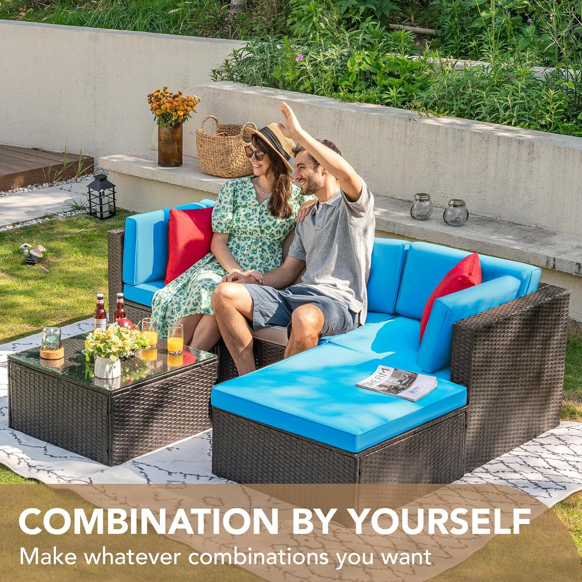 5-Piece All-Weather Patio Furniture Set with Cushions, Outdoor Wicker Conversation Sofa Set for Garden, Deck & Backyard