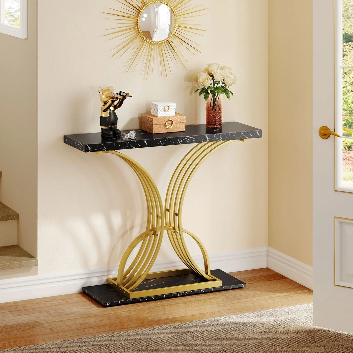 Modern Gold Console Table with Marbled Top, Sofa Table for Entryway and Hallway