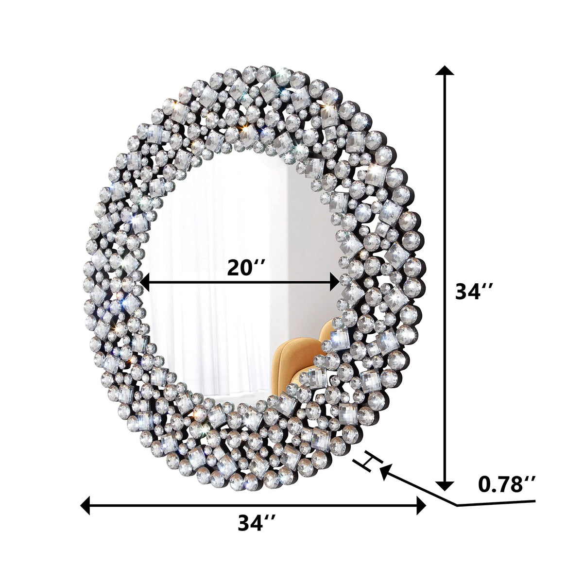 Modern Round Wall Mirror, Crystal Accent Decorative Mirror for Living Room, Bedroom and Entryway