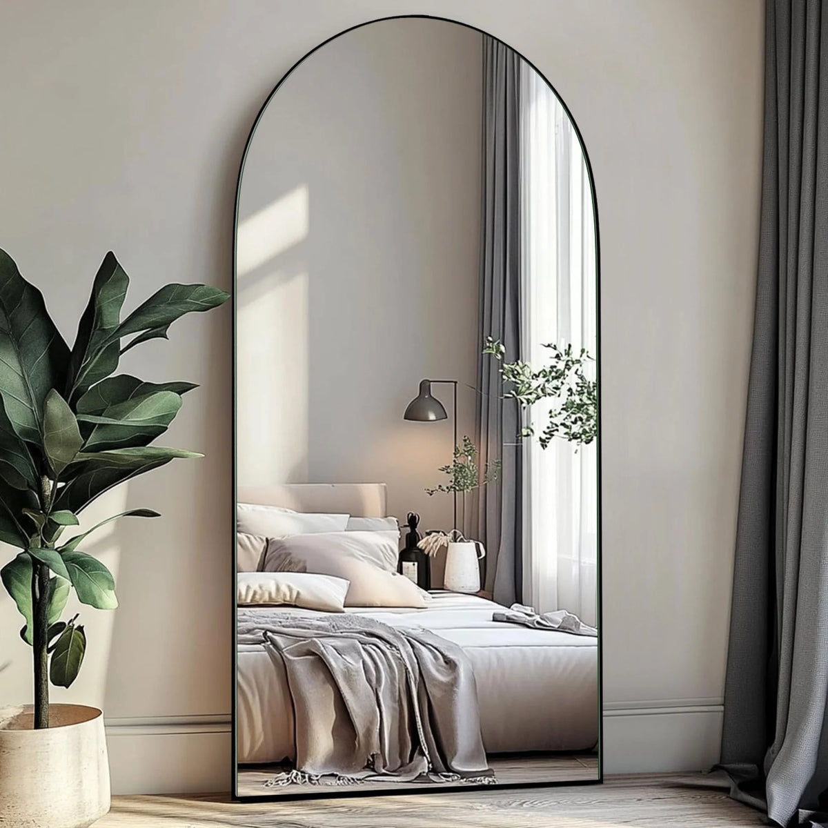 Arched Full Length Wood Floor Mirror, Full Body Standing and Wall Mounted Mirror for Bedroom, Living Room and Home Decor
