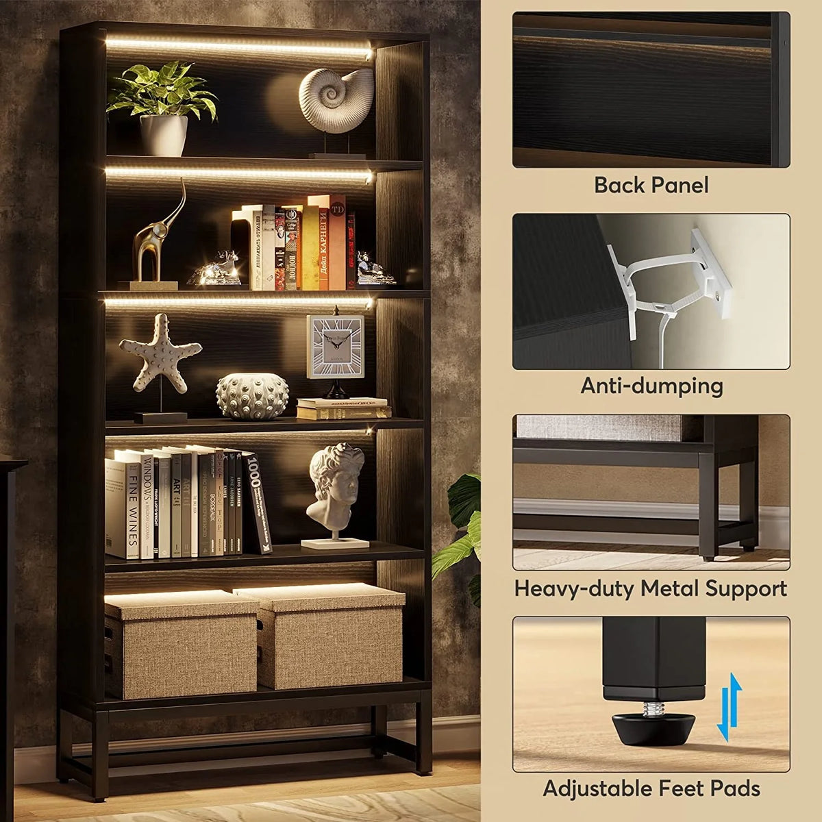 70.87 Inch Tall 5-Tier Bookcase, Large Bookshelf with 31.5 Inch Wide Storage