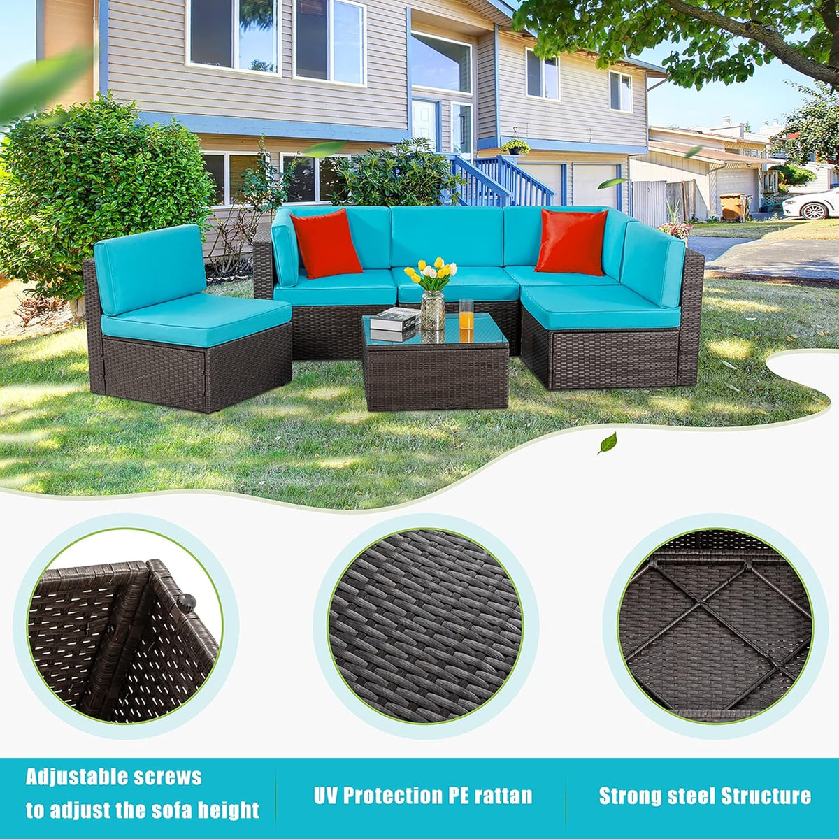 5-Piece All-Weather Patio Furniture Set with Ottoman, Outdoor Wicker Conversation Sofa Set with Cushions for Garden, Deck & Backyard