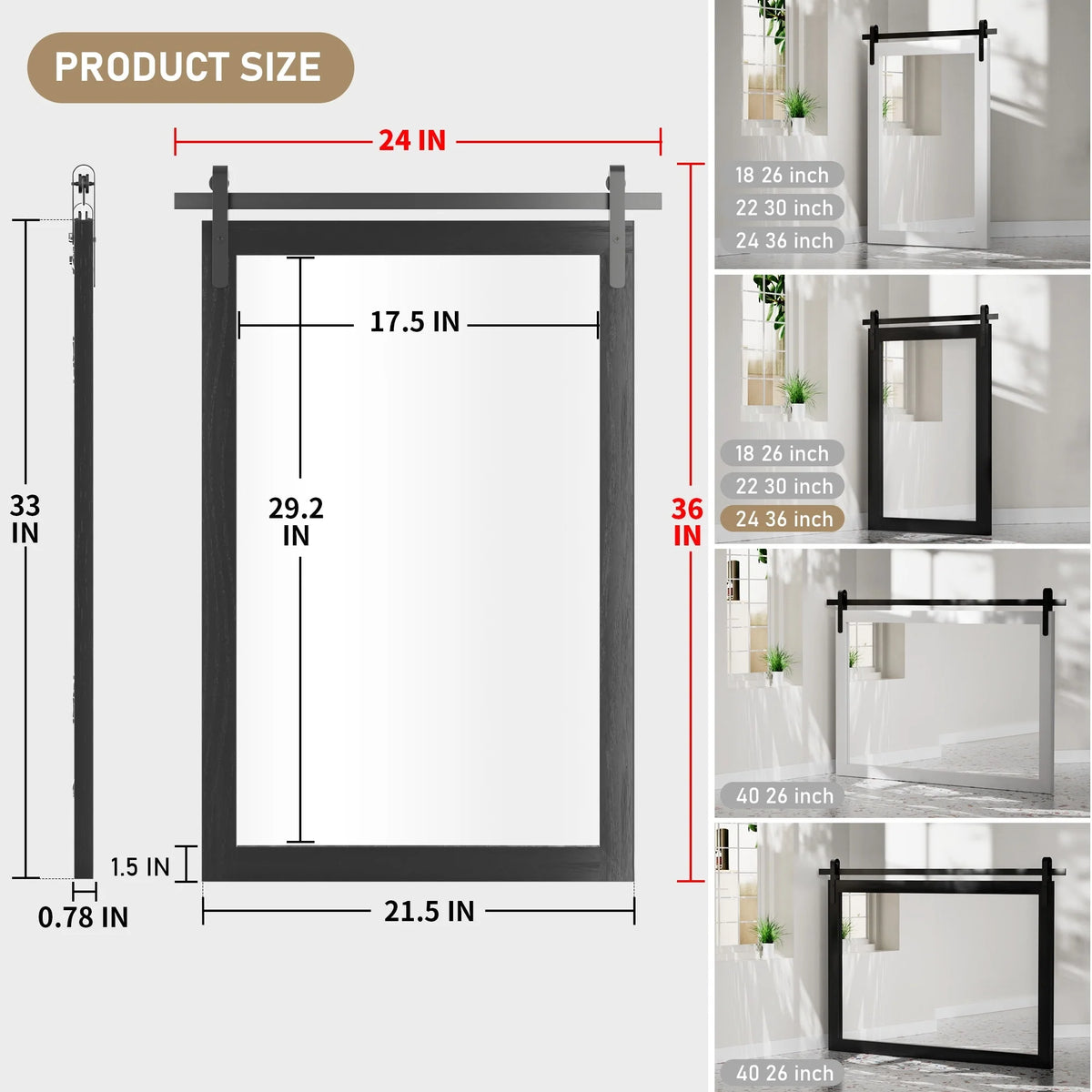 Modern Rectangular Wall Mirror with Wood Frame, Bathroom and Barn Door Mirror, Multiple Sizes