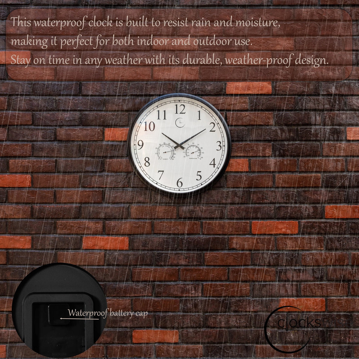 Large Outdoor Wall Clock with Thermometer, Waterproof Silent Garden Weather Station, Black