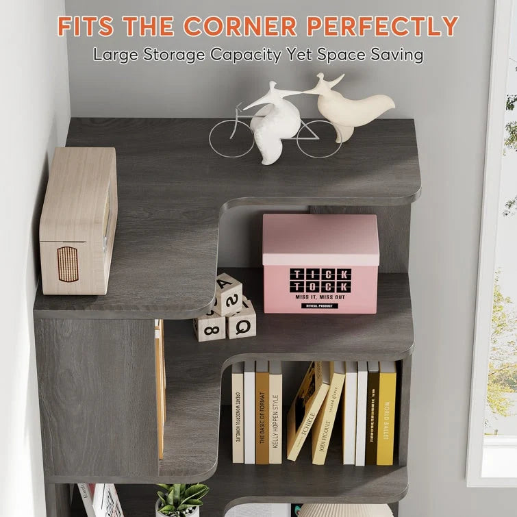 64.9 Inch Tall 6-Tier Corner Bookshelf, Freestanding Wood Industrial Bookcase