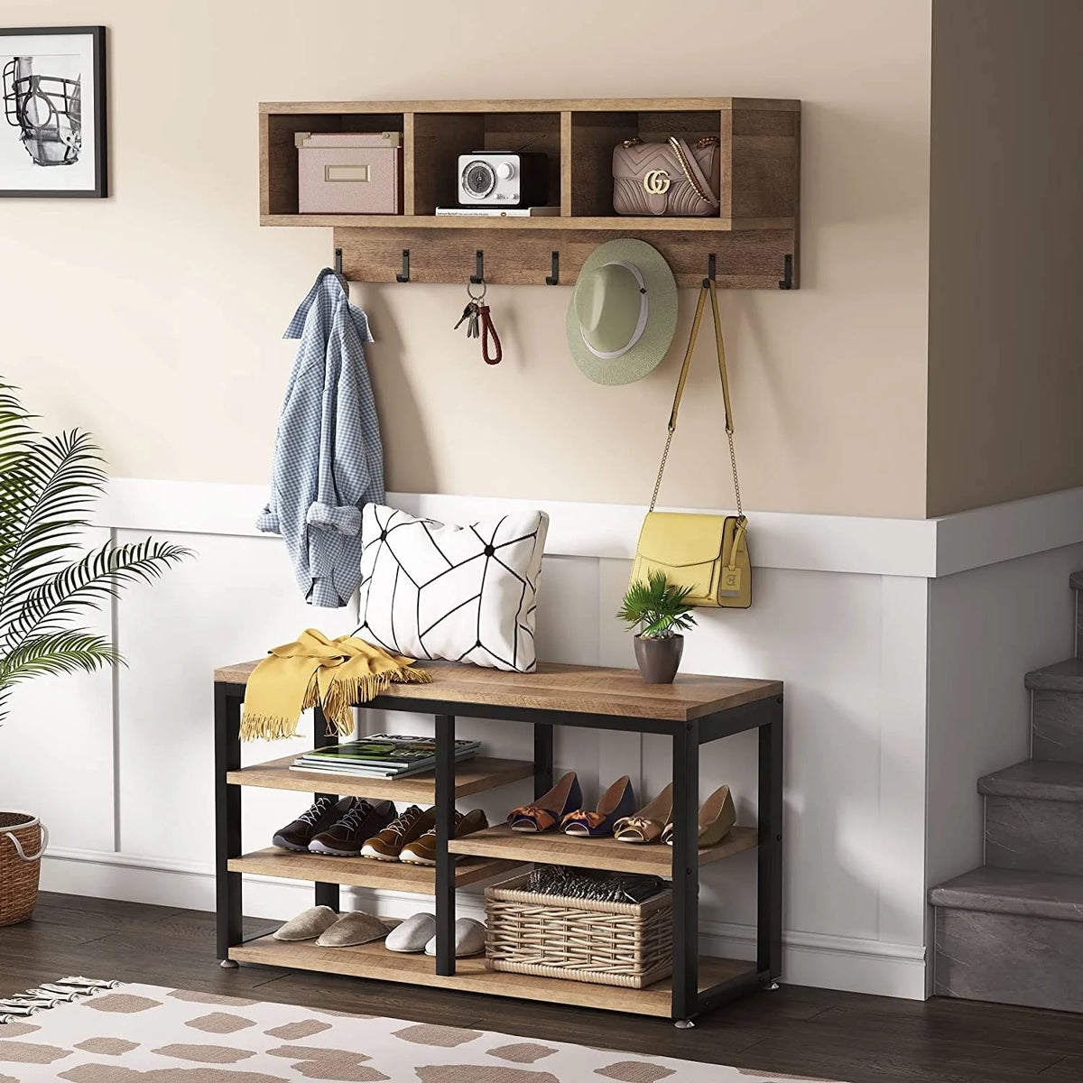 Entryway Coat Rack and Shoe Bench Set, Industrial Hall Tree with Coat and Shoe Storage