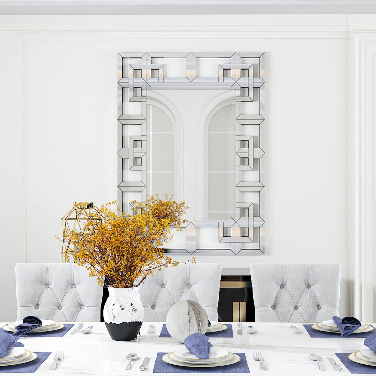 Large Silver Geometric Wall Mirror, Modern Decorative Accent Mirror for Living Room, Bedroom and Entryway