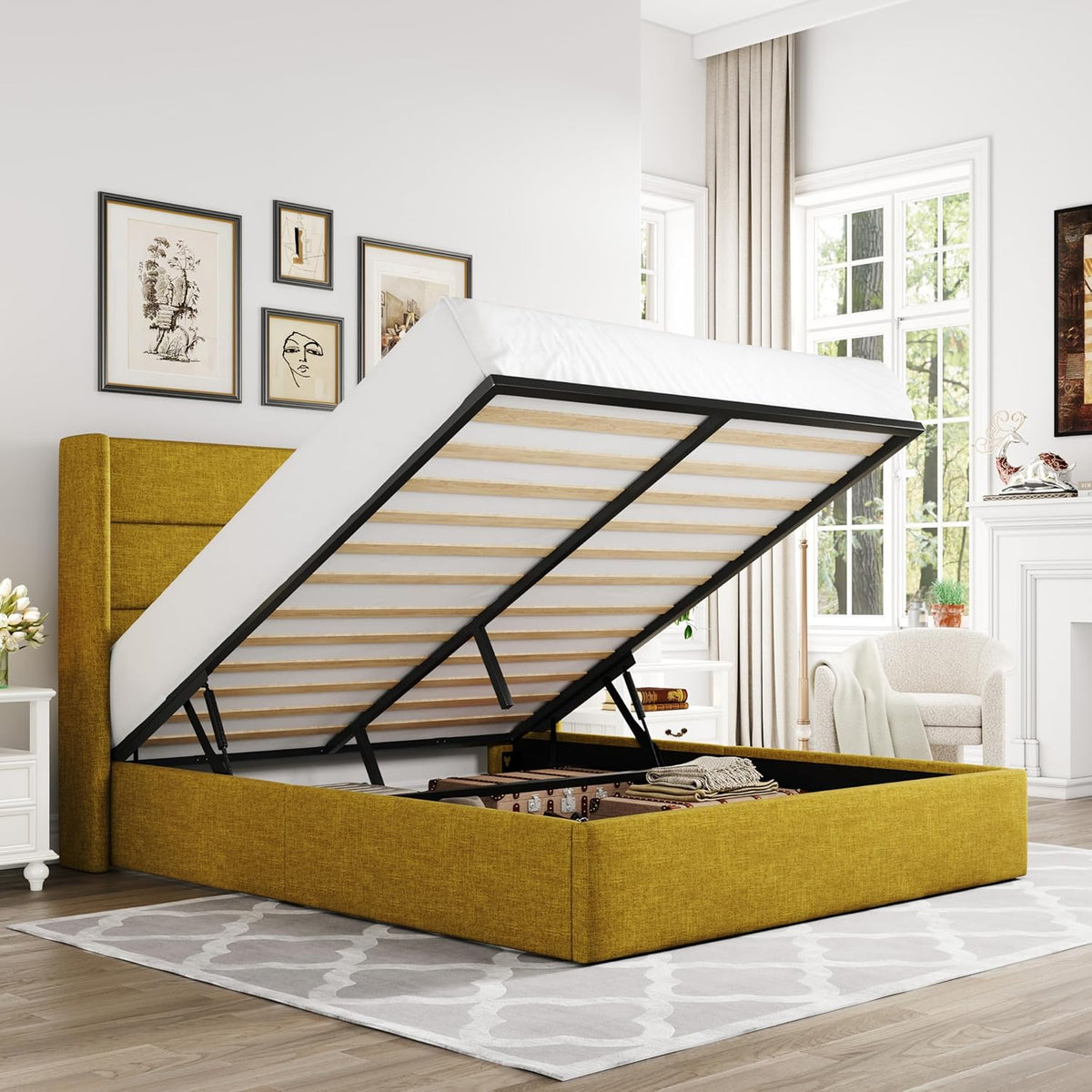 Queen Size Lift Up Storage Bed with Wingback Headboard, Upholstered Platform Bed Frame with Hidden Storage